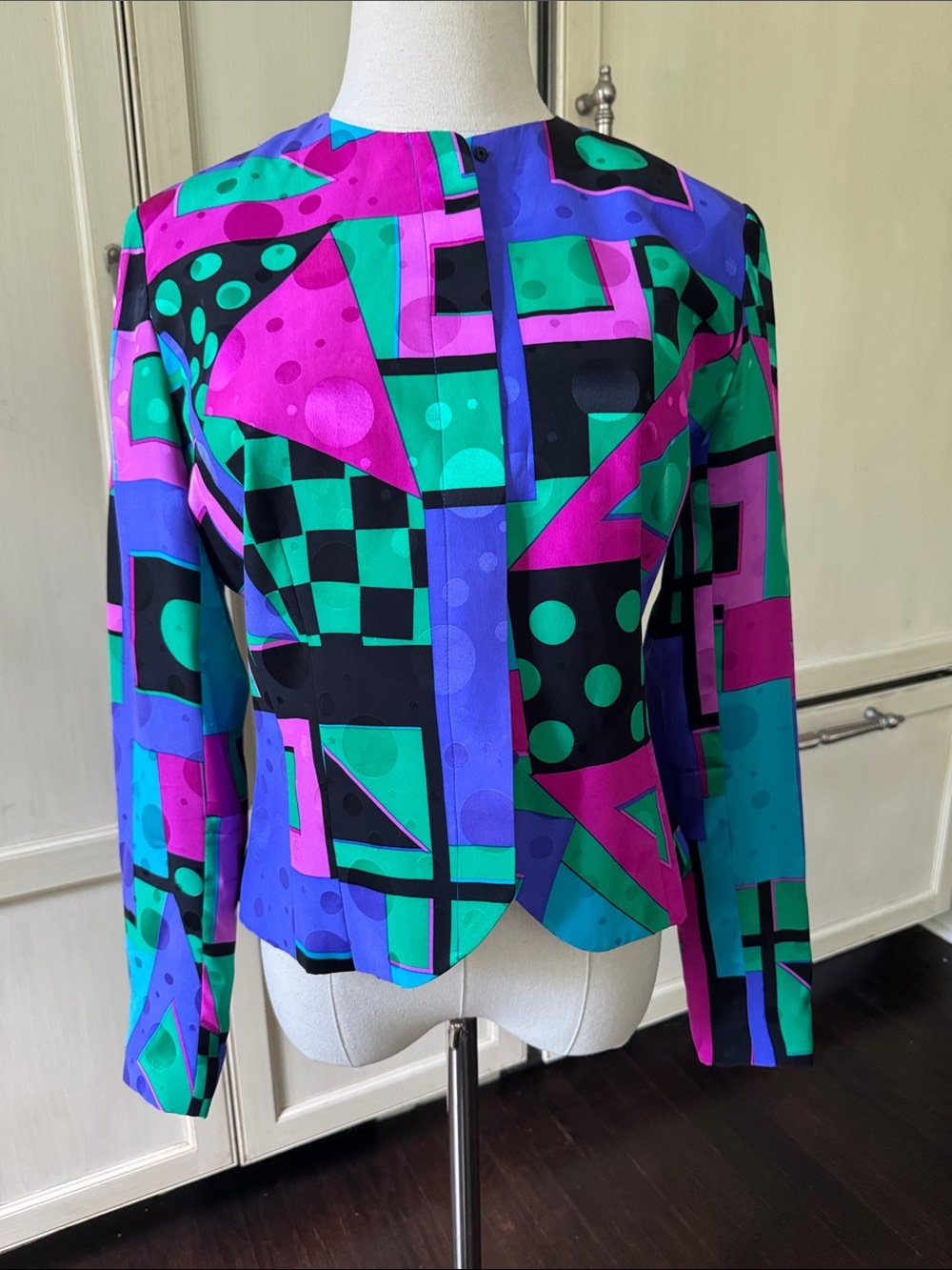 Vintage Abstract Geo-Print Button-Front Silk Shirt Jacket